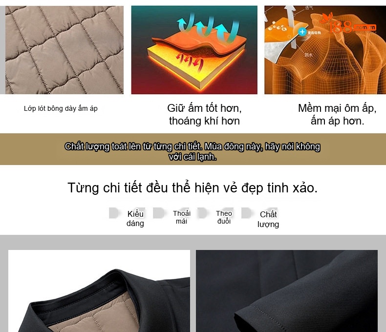Áo Khoác Cotton Nam Cổ Bẻ Lót Bông Giữ Ấm Phong Cách Doanh Nhân Màu Đen chi tiết 1
