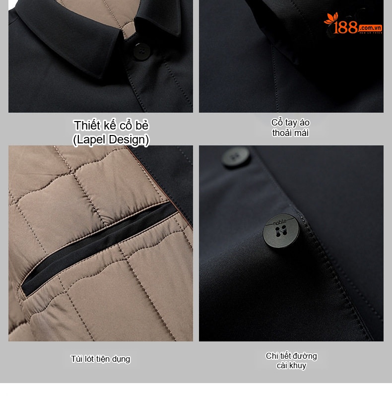Áo Khoác Cotton Nam Cổ Bẻ Lót Bông Giữ Ấm Phong Cách Doanh Nhân Màu Đen chi tiết 2