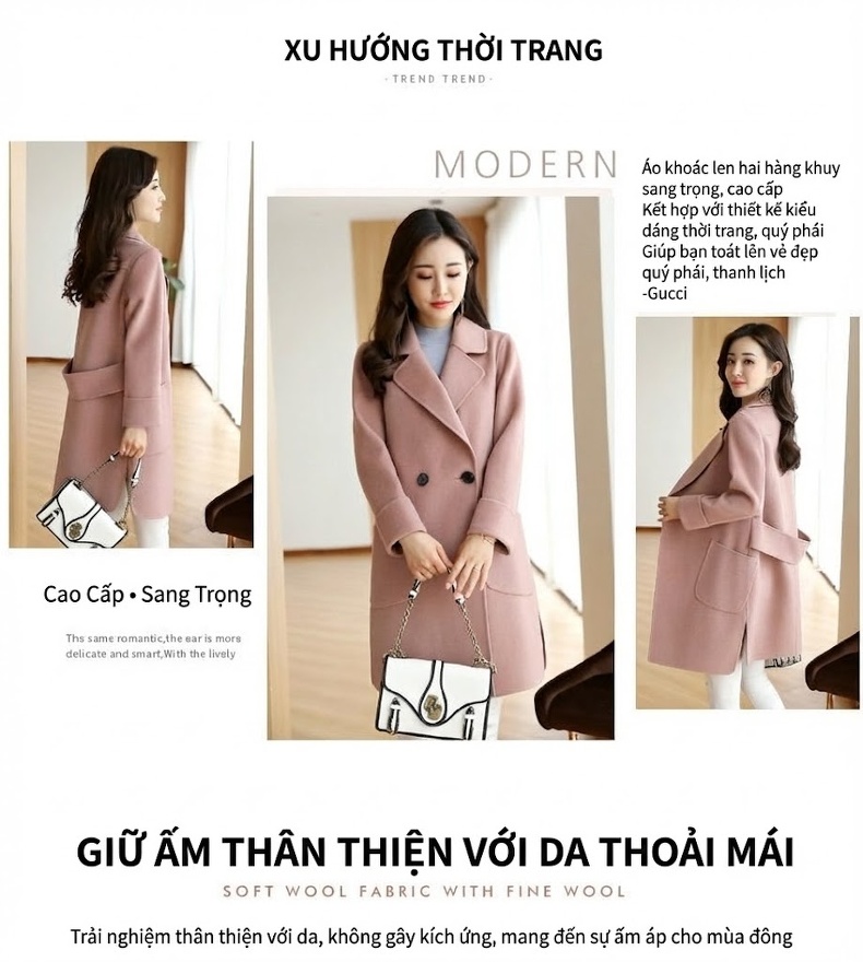 Áo Khoác Dạ Nữ Dáng Dài Vừa Vặn Hai Hàng Khuy Chất Liệu Lông Cừu Màu Be, Nâu, Đỏ, Đen... chi tiết 2