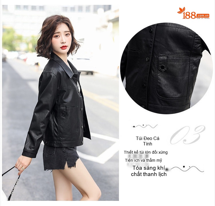 Áo Khoác Da Thật Nữ Kiểu Bomber Ngắn Màu Đen, Nâu chi tiết 9