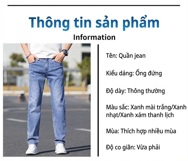 Quần Jeans Nam Ống Đứng Co Giãn Thoải Mái Phong Cách Casual Màu Xanh chi tiết 9