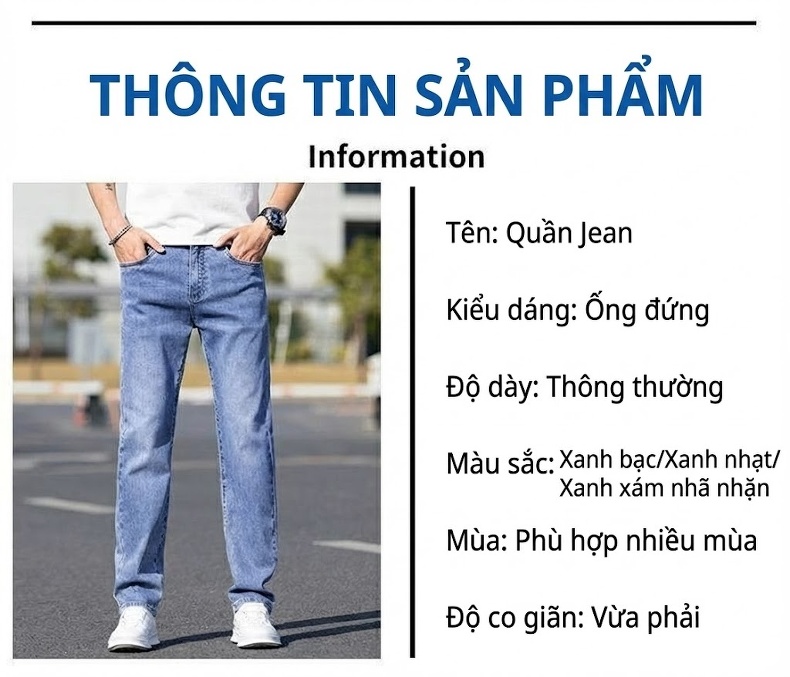 Quần Jean Nam Ống Đứng Co Giãn Thoải Mái Màu Xanh Đậm, Xanh Nhạt chi tiết 8