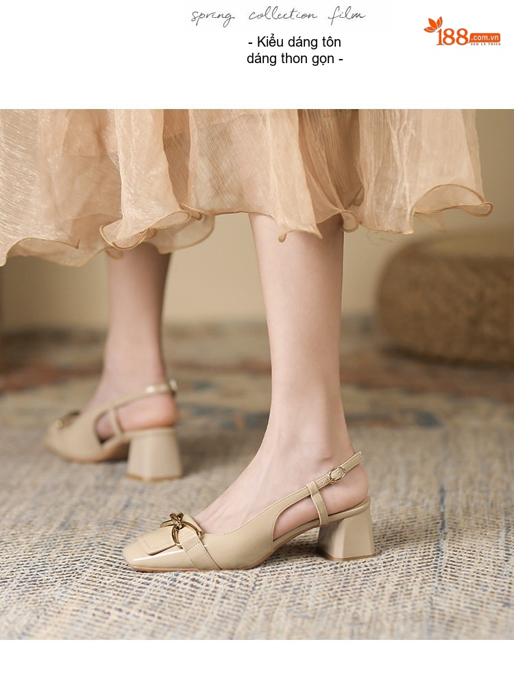 Giày Sandal Cao Gót Nữ Hở Gót Quai Mảnh Khóa Kim Loại Gót Vuông Da Bóng Gót Cao 7cm - 8cm Màu Đỏ, Kem, Nude chi tiết 7