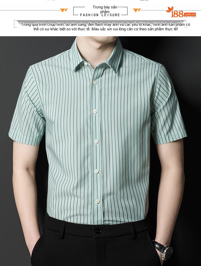 Áo Sơ Mi Nam Cotton Sọc Ngắn Tay Form Rộng Chống Nhăn Màu Be, Xanh Dương, Xanh Lá, Xám... chi tiết 8