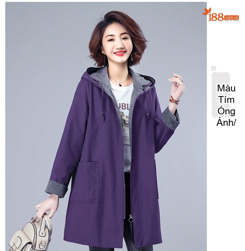Áo Khoác Gió Nữ Dáng Dài Vừa Thu Đông Có Mũ Trẻ Trung Màu Be, Xanh Navy, Tím, Đỏ Tía chi tiết 13