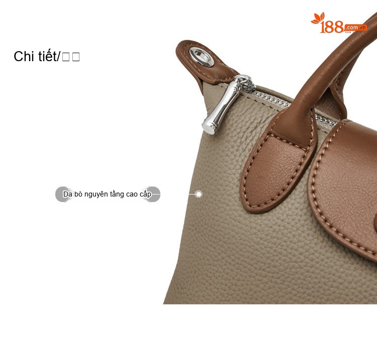 Túi Xách Tay Nữ Da Bò Lớp Đầu Đeo Vai Đeo Chéo Mini Màu Xám Voi, Đen, Bánh Quy chi tiết 4