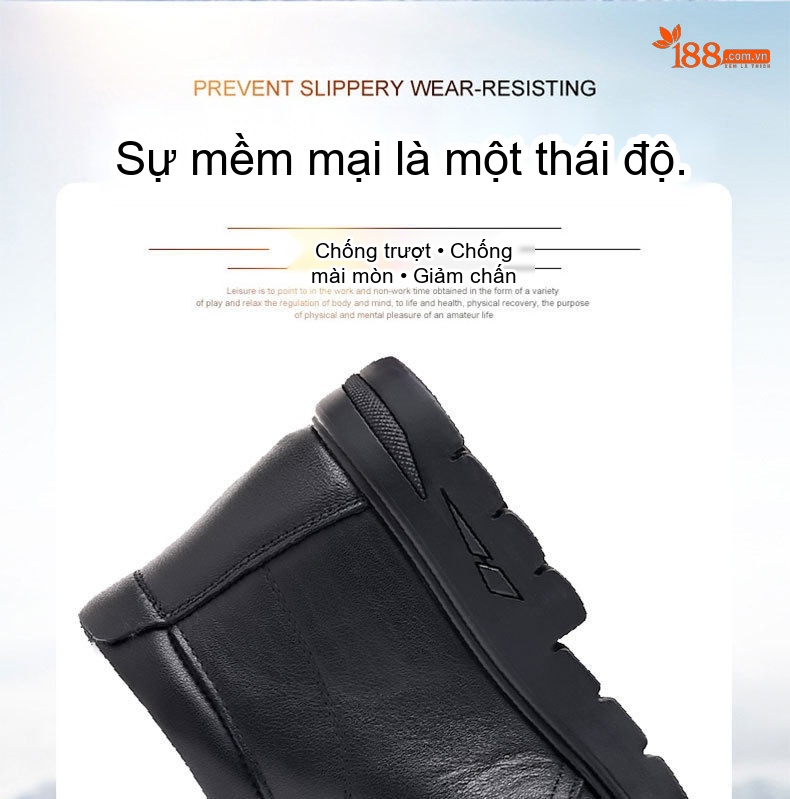 Giày Da Thật Nam Cổ Cao Lót Lông Cừu Mùa Đông Chống Trượt Chiều Cao Đế Khoảng 3cm Màu Đen chi tiết 6