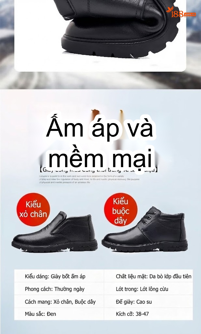Giày Da Thật Nam Cổ Cao Lót Lông Cừu Mùa Đông Chống Trượt Chiều Cao Đế Khoảng 3cm Màu Đen chi tiết 7