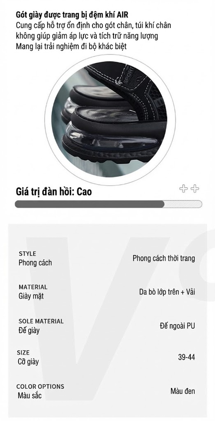 Dép Sandal Nam Quai Dán Mềm Mại Thoáng Khí Chống Trượt Chiều Cao Đế Khoảng 4cm Màu Đen chi tiết 2