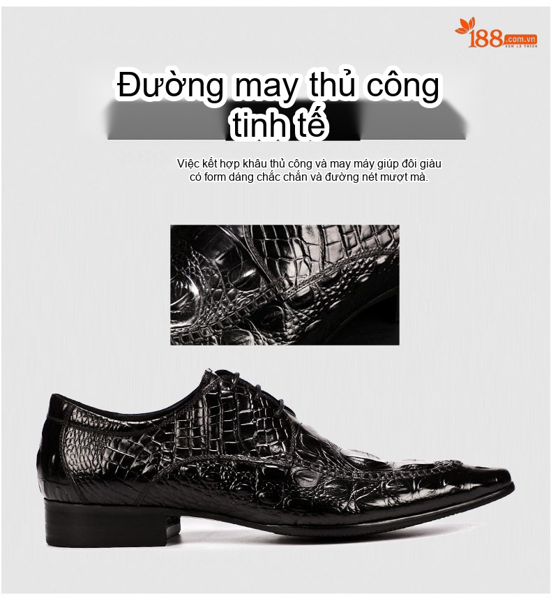 Giày Tây Buộc Dây Nam Da Thật Vân Cá Sấu Chiều Cao Đế Khoảng 3cm Màu Đen, Nâu Đỏ, Nâu chi tiết 7