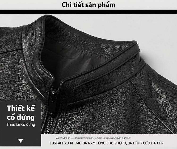 Áo Khoác Da Thật Nam Cổ Trụ Dáng Ôm Vừa Vặn Màu Đen chi tiết 8