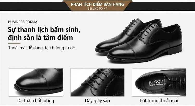 Giày Tây Buộc Dây Nam Da Thật Chiều Cao Đế Khoảng 3cm Màu Đen, Nâu chi tiết 3
