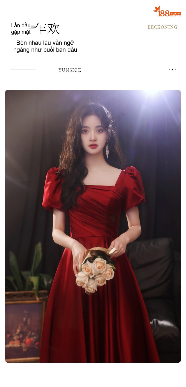 Váy Dạ Hội Nữ Tay Bồng Cổ chữ Vuông Dáng Dài Phù Hợp Đám Hỏi, Ăn Tiệc Màu Đỏ chi tiết 12