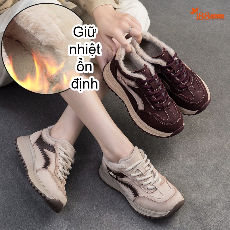 Giày Thể Thao Nữ Lót Lông Đi Mùa Đông Chiều Cao Đế Khoảng 4cm Màu Nâu, Kem