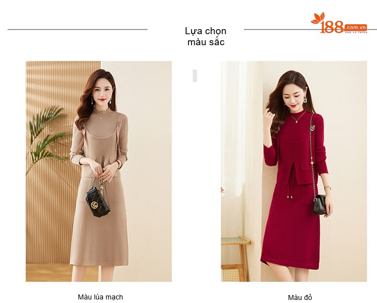 Set Váy liền thân Nữ Dệt Kim Áo Khoác Lửng Xẻ Tà Phong Cách Thanh Lịch Màu Be, Nâu, Tím, Đỏ chi tiết 8