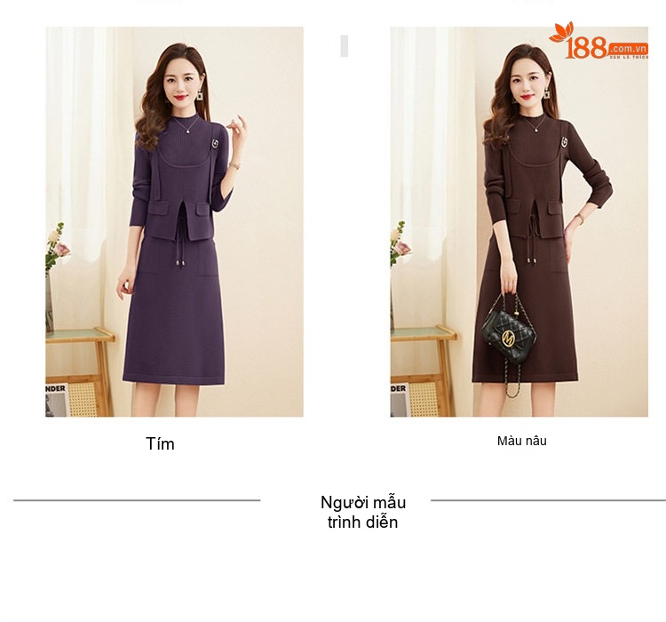 Set Váy liền thân Nữ Dệt Kim Áo Khoác Lửng Xẻ Tà Phong Cách Thanh Lịch Màu Be, Nâu, Tím, Đỏ chi tiết 9