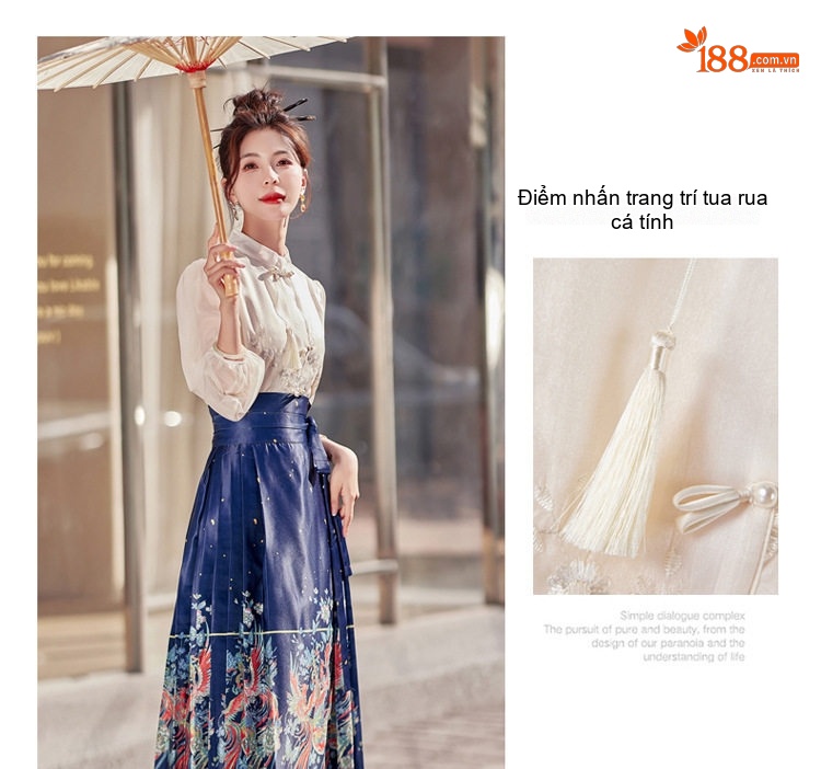 Set Áo Thêu Hoa Cổ Tàu Tay Lỡ và Chân Váy Mã Diện In Họa Tiết Phong Cách Trung Hoa chi tiết 10