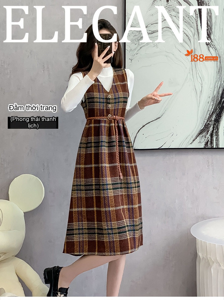 Set Áo Dệt Kim Tay Dài Cổ Lọ Và Váy Yếm Dây Đeo Caro dáng chữ A Màu Nâu, Xanh chi tiết 1