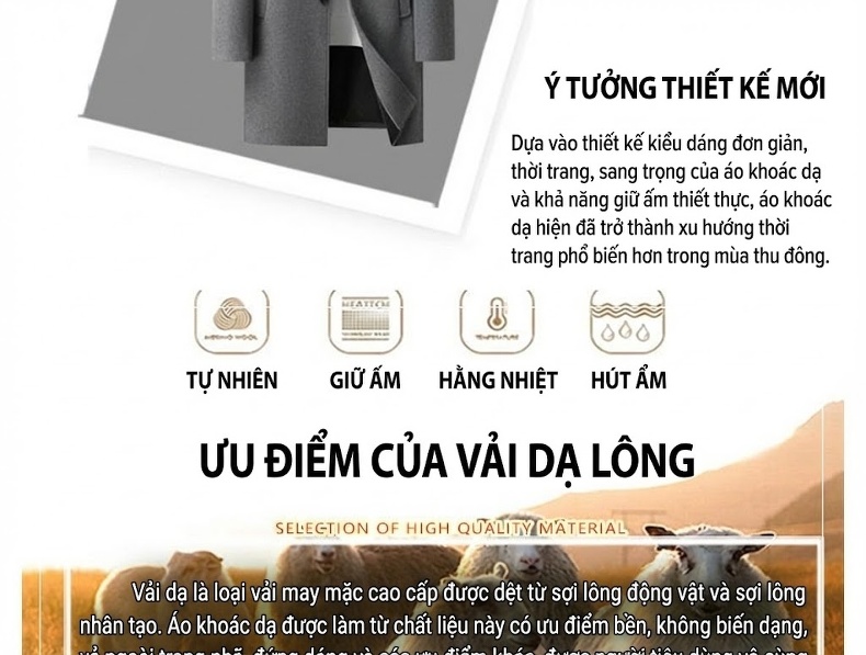 Áo Khoác Dạ Nam Dáng Dài Vừa Cổ chữ Vest Cài Nút Phong Cách Tối Giản Màu Đen, Xám, Nâu chi tiết 3