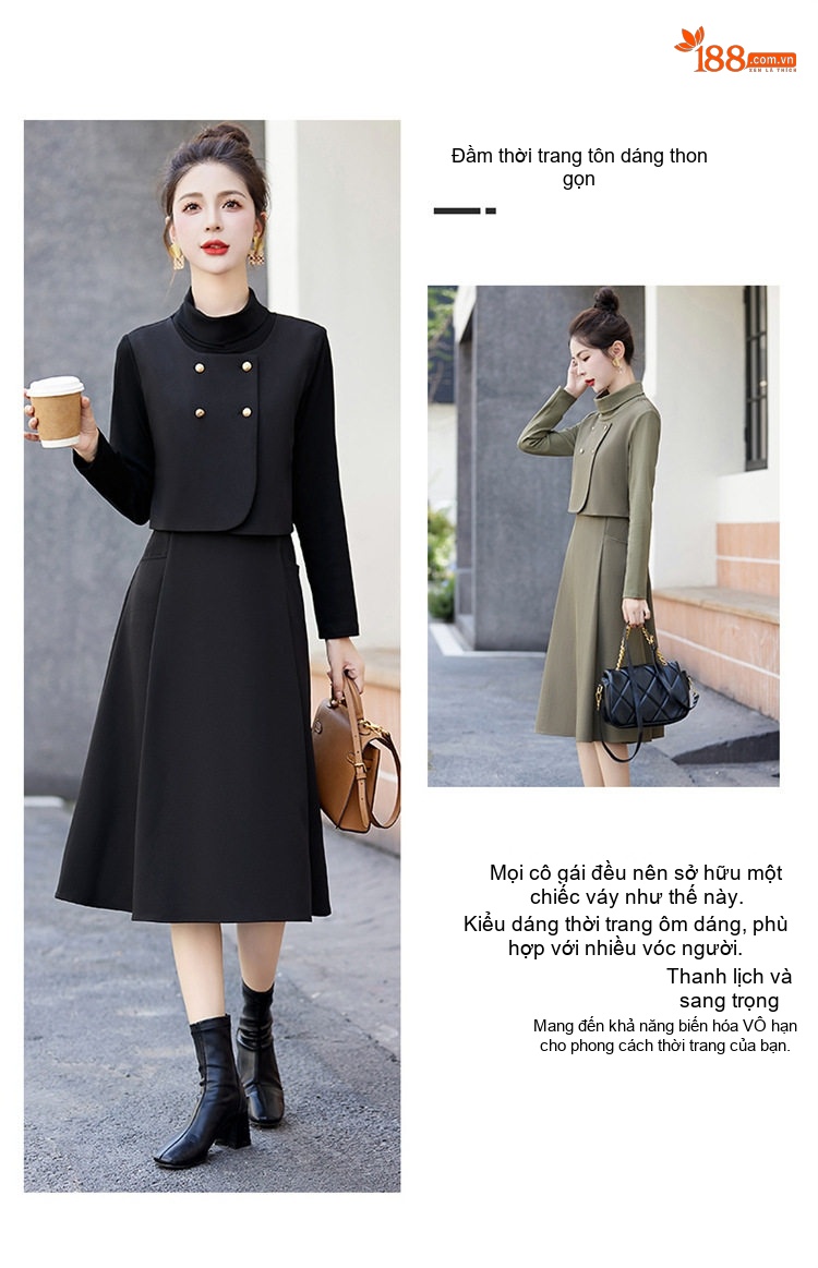 Váy Liền Thân Nữ Thiết Kế Giả Hai Lớp dáng chữ A Sang Trọng Màu Nâu, Đen, Xanh Olive chi tiết 2