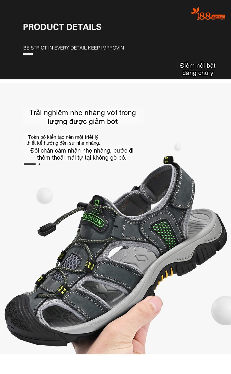 Sandal Nam Da Bò Mũi Bọc Dây Rút Thể Thao Thoáng Khí Đế Cao 3cm chi tiết 11