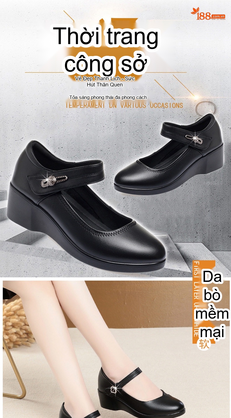 Giày Búp Bê Nữ Da Thật Đế Xuồng Chiều Cao Đế Khoảng 4cm Quai Dán Màu Đen chi tiết 1
