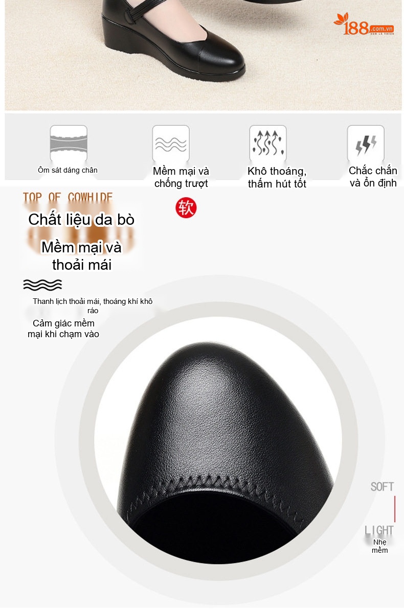Giày Búp Bê Nữ Da Thật Đế Xuồng Chiều Cao Đế Khoảng 4cm Quai Dán Màu Đen chi tiết 2