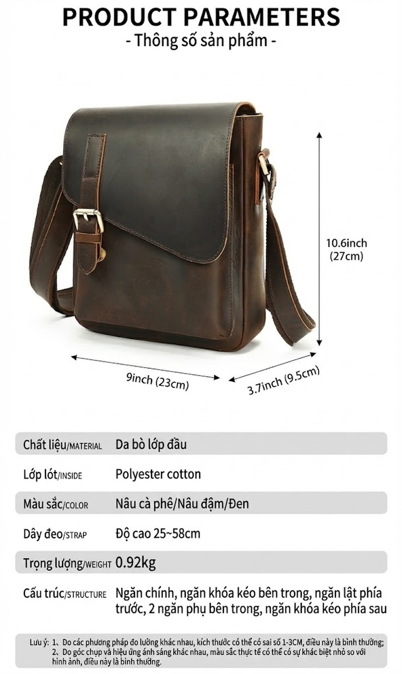Túi Đeo Vai Nam Da Mộc Kiểu Dáng Postman Nắp Gập Cao Cấp Màu Nâu chi tiết 6