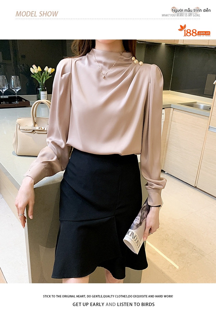 Áo Sơ Mi Nữ Tay Dài Cổ Trụ Kiểu Dáng Thanh Lịch Màu Trắng, Xám, Hồng, Xanh... chi tiết 12