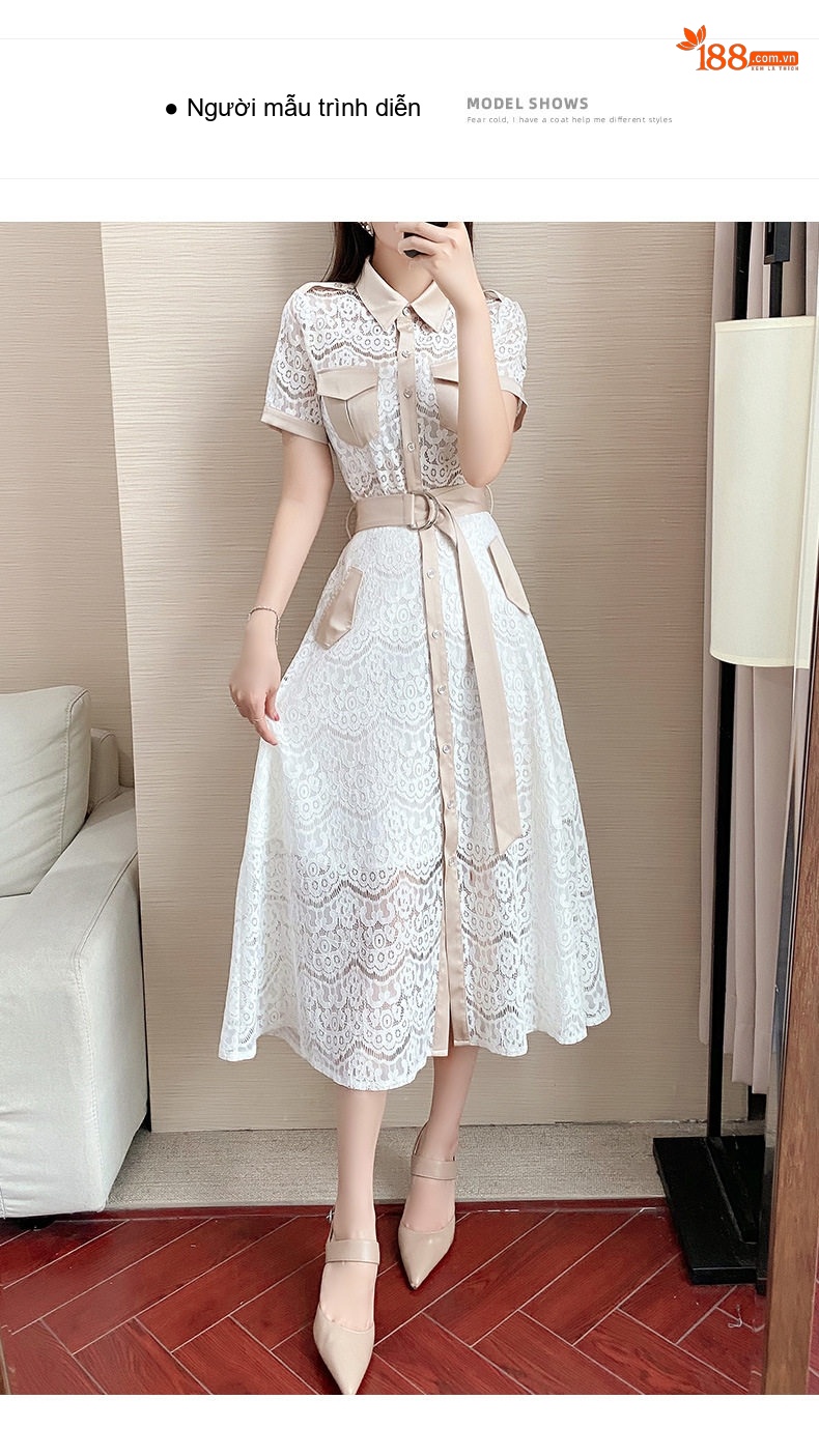 Set Áo Ren Tay Ngắn và Chân Váy Midi Phong Cách Hepburn Thanh Lịch Màu Trắng, Kem chi tiết 8
