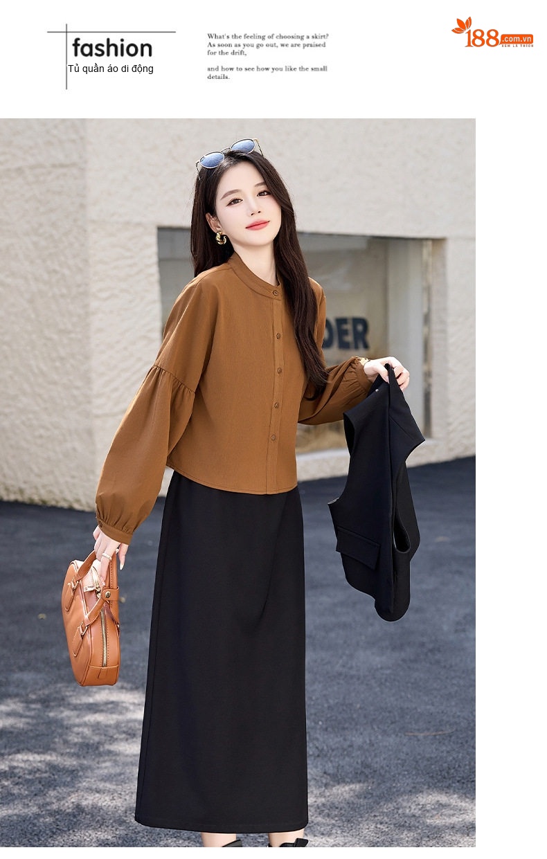 Set Bộ Vest Gile Nữ Áo Dài Tay Chân Váy Midi Thanh Lịch Màu Đen, Be, Xanh Olive chi tiết 21
