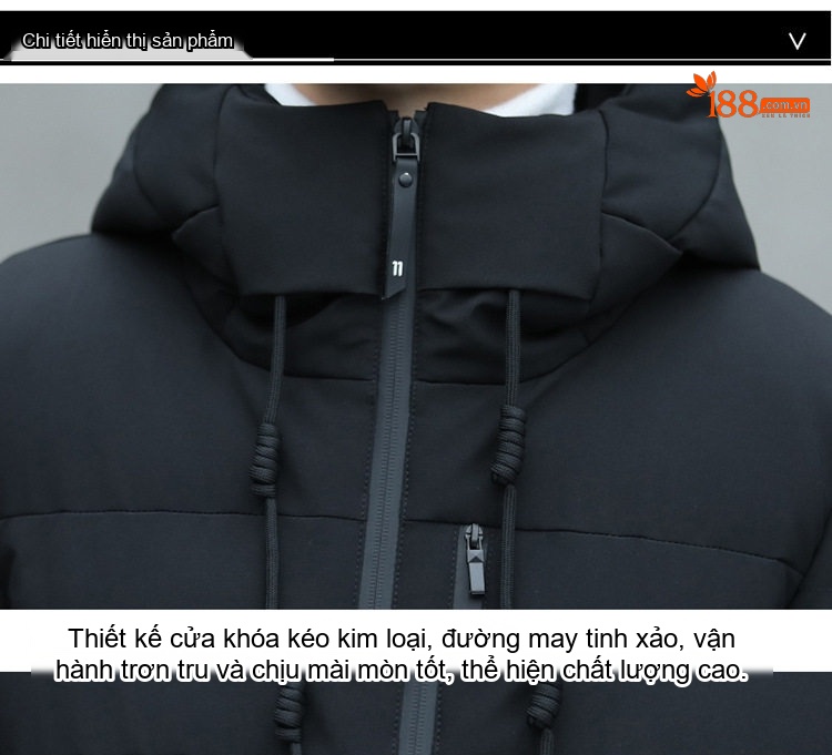Áo Khoác Nam Phao Dáng Dài Có Mũ Trùm Đầu Dày Dặn Giữ Ấm Màu Đen, Xanh Navy, Xanh Rêu chi tiết 24