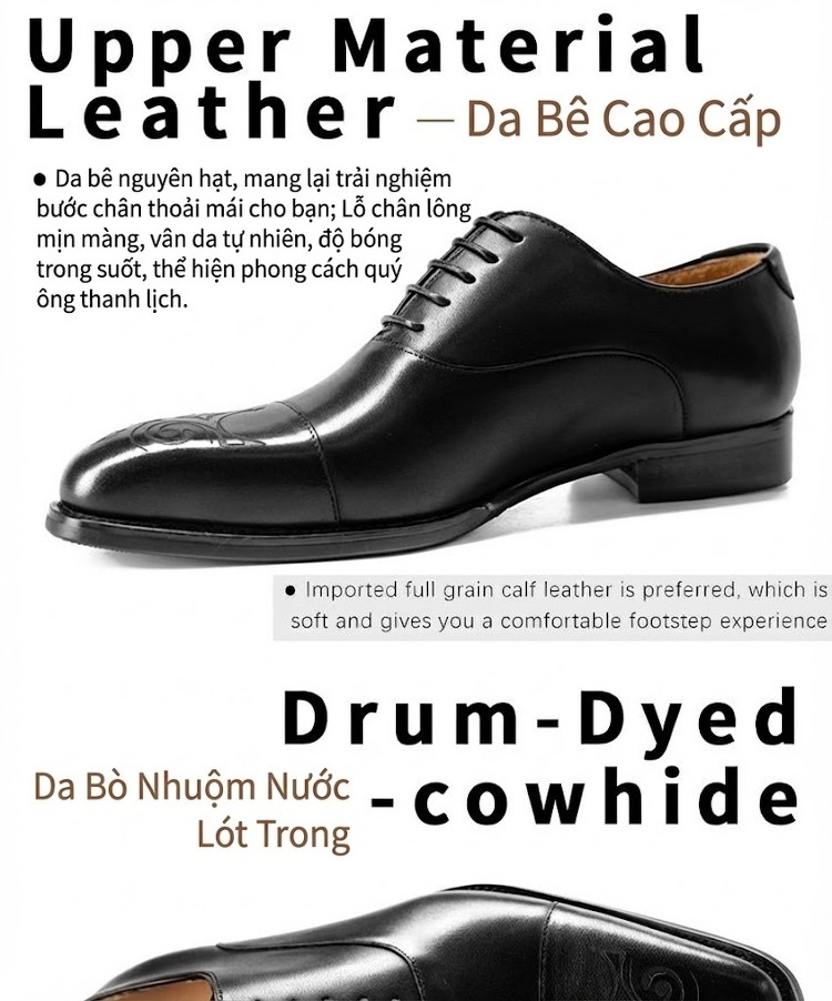 Giày Tây Buộc Dây Nam Da Bò Họa Tiết Chiều Cao Đế Khoảng 3cm Màu Đen, Nâu chi tiết 4