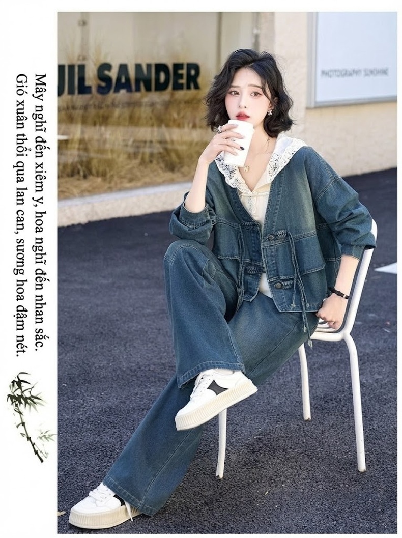 Set Bộ Quần Áo Nữ Phong Cách Trung Hoa Áo Khoác Lửng Quần Ống Rộng Jeans Xanh chi tiết 11