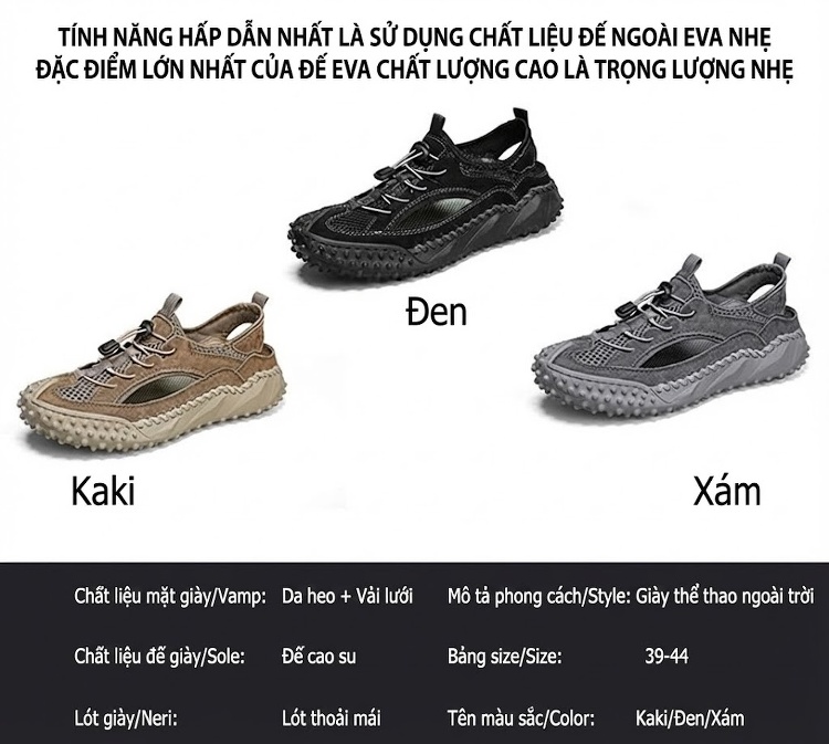 Sandal Leo Núi Nam Mũi Bít Thể Thao Thoáng Khí Chống Trượt Chiều Cao Đế Khoảng 3cm Màu Đen, Xám, Nâu chi tiết 3