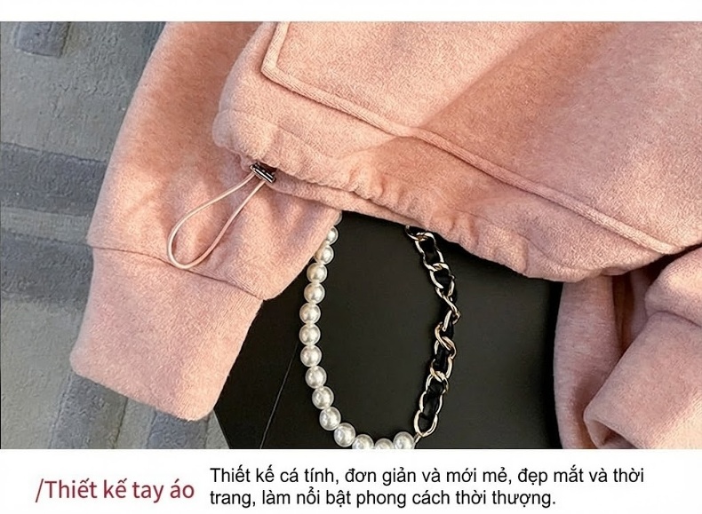 Bộ đồ thể thao nữ áo hoodie dáng rộng quần ống rộng lót lông chi tiết 17