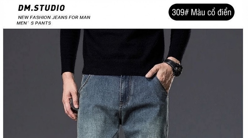 Quần Jean Nam Ống Suông Cotton Co Giãn Màu Xanh Vintage chi tiết 13