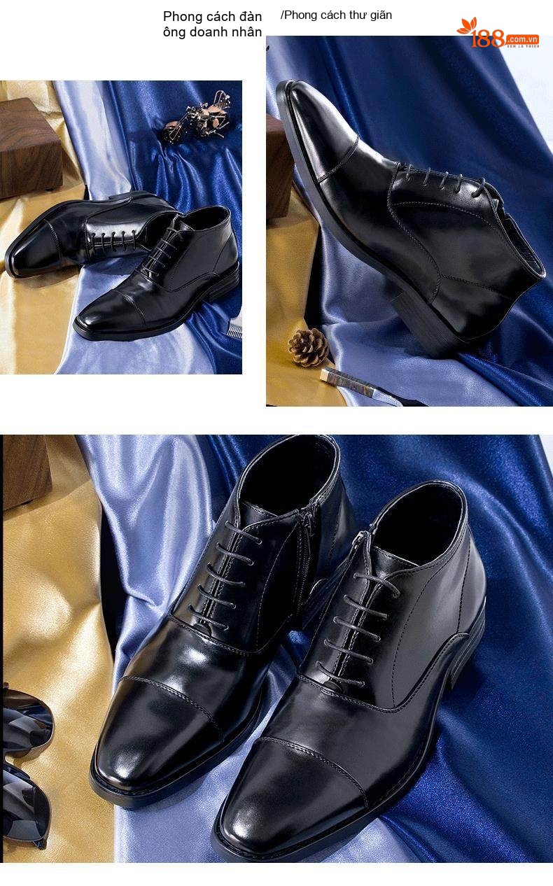 Giày Boot Martin Nam Cổ Thấp Da Bóng Chiều Cao Đế Khoảng 3cm Màu Đen chi tiết 14