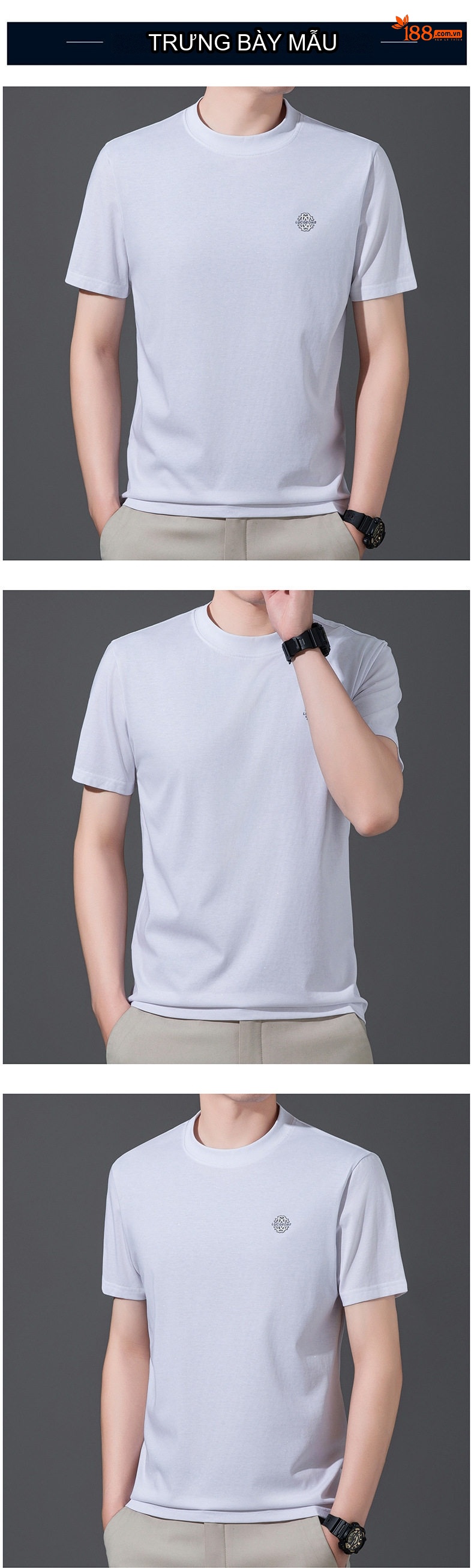 Áo Thun Cổ Tròn Nam Tay Ngắn Cotton Phong Cách Hàn Quốc Màu Đen, Nâu, Trắng, Xám chi tiết 4