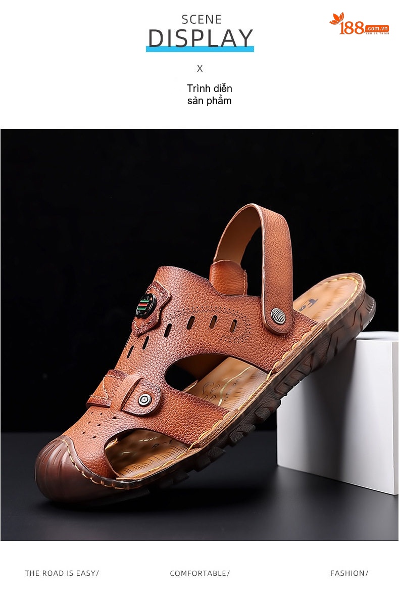 Dép Sandal Nam Da Bóng Quai Hậu Chiều Cao Đế Khoảng 2cm Màu Nâu, Đen chi tiết 19