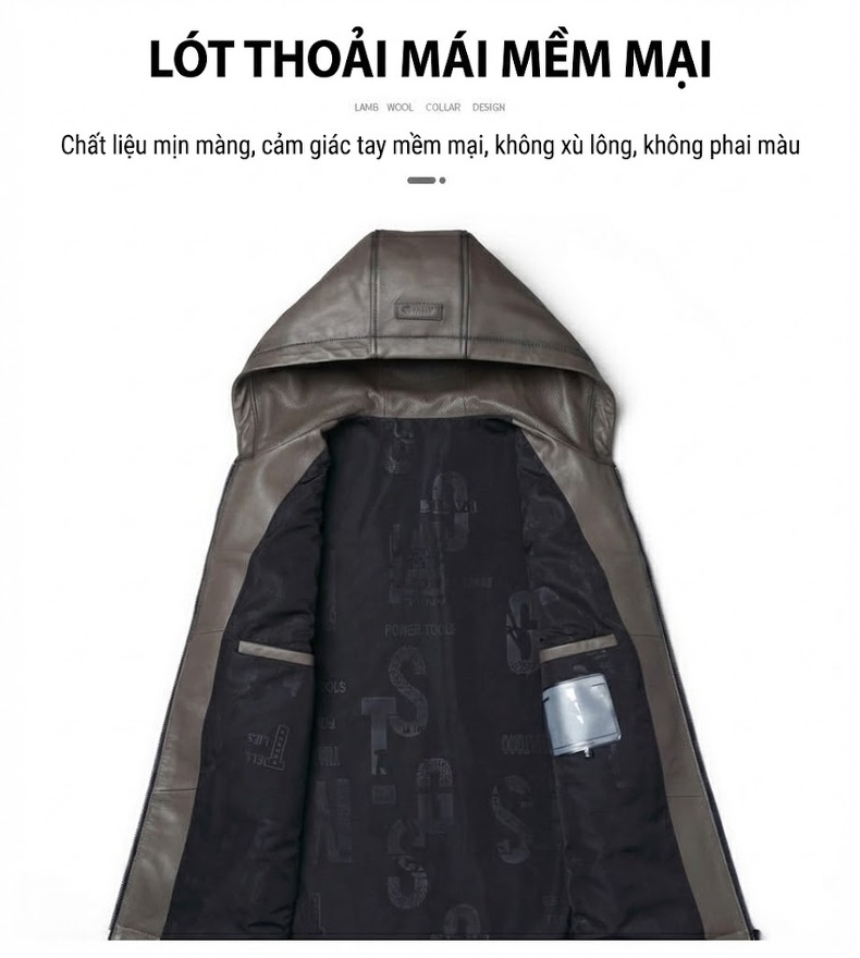 Áo Khoác Da Cừu Nam Có Mũ Trùm Đầu Dáng Ôm Thời Trang Màu Nâu, Đen chi tiết 5