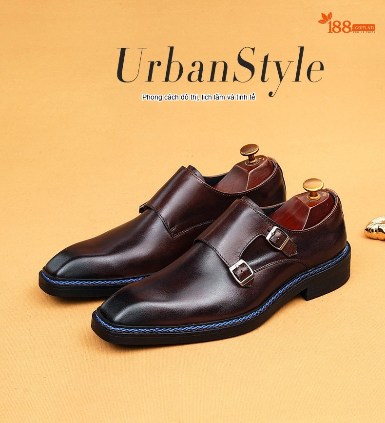 Giày Monkstrap Khóa Cài Nam Da Thật Mũi Vuông Chiều Cao Đế Khoảng 3cm Màu Đen, Nâu chi tiết 1