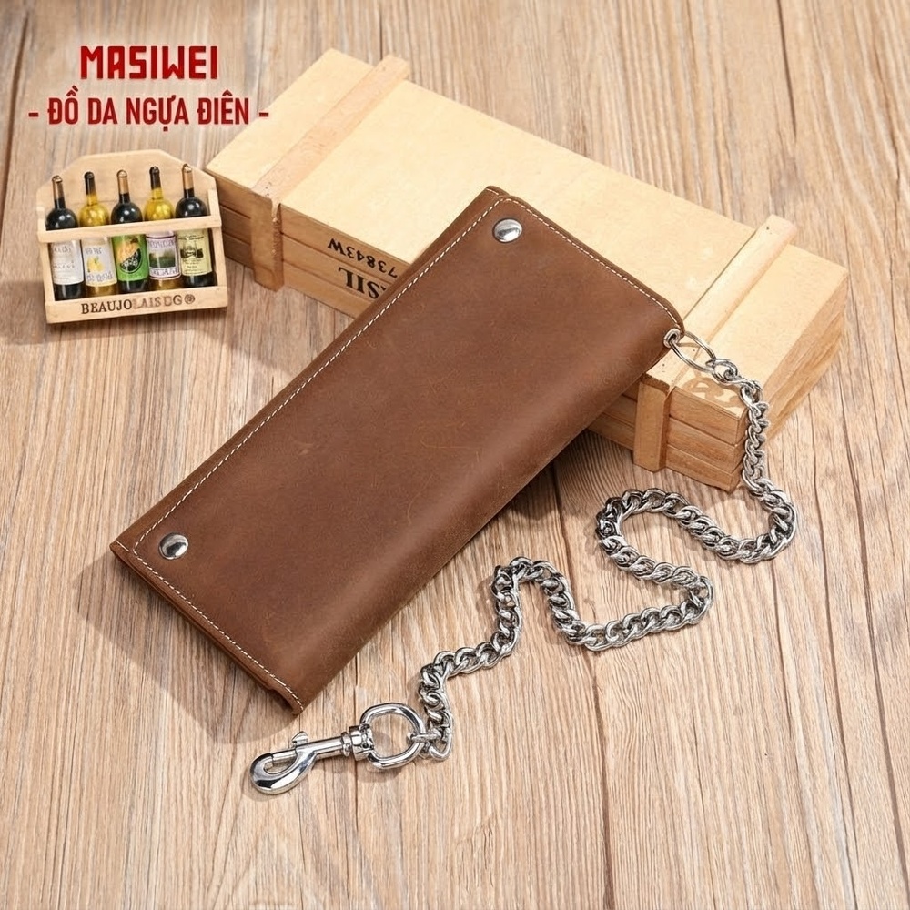 Ví Dài Nam Da Bò Lớp Đầu Masiwei Khóa Kéo Có Dây Xích Màu Nâu, Đen