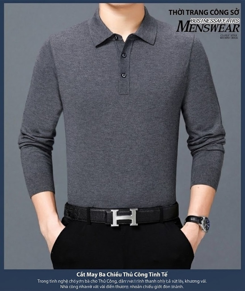 Áo Thun Polo Nam Dài Tay Cashmere Dáng Ôm Vừa Vặn Màu Đen, Đỏ, Xanh Dương, Xám... chi tiết 5