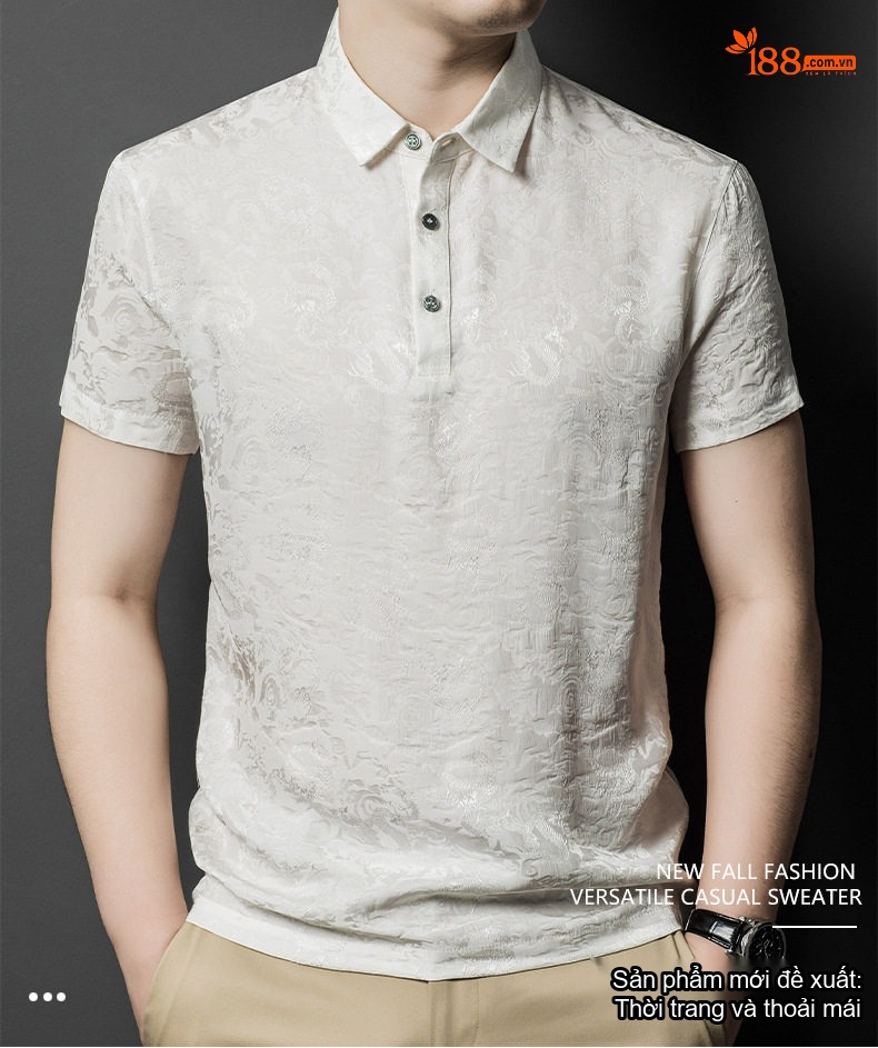 Áo Thun Polo Nam Ngắn Tay Lụa Tơ Tằm Jacquard Trung Niên Phong Cách Casual Màu Trắng chi tiết 2