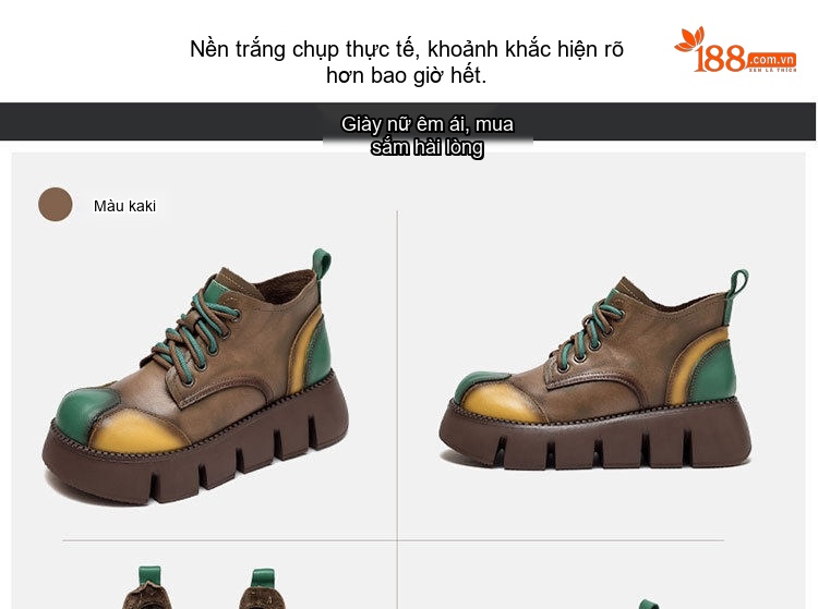 Boot Nữ Cổ Ngắn Da Bò Đế Bánh Mì Phối Màu Chiều Cao Đế Khoảng 5cm Màu Nâu, Vàng, Xanh Lá chi tiết 12