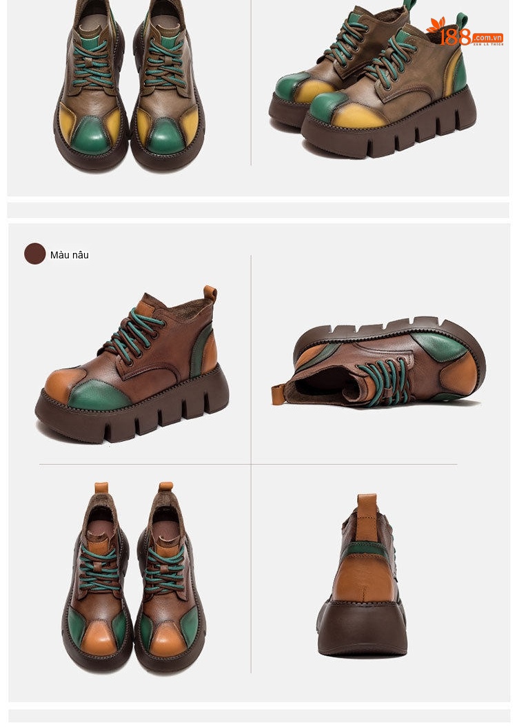 Boot Nữ Cổ Ngắn Da Bò Đế Bánh Mì Phối Màu Chiều Cao Đế Khoảng 5cm Màu Nâu, Vàng, Xanh Lá chi tiết 13