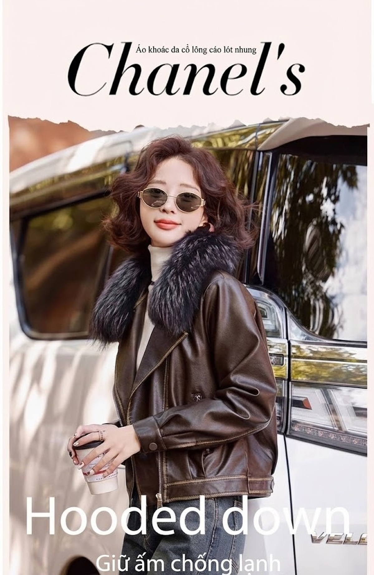 Áo Khoác Da Nữ Cổ Lông Cáo Có Thể Tháo Rời Lót Lông Dày Dặn Màu Nâu chi tiết 3