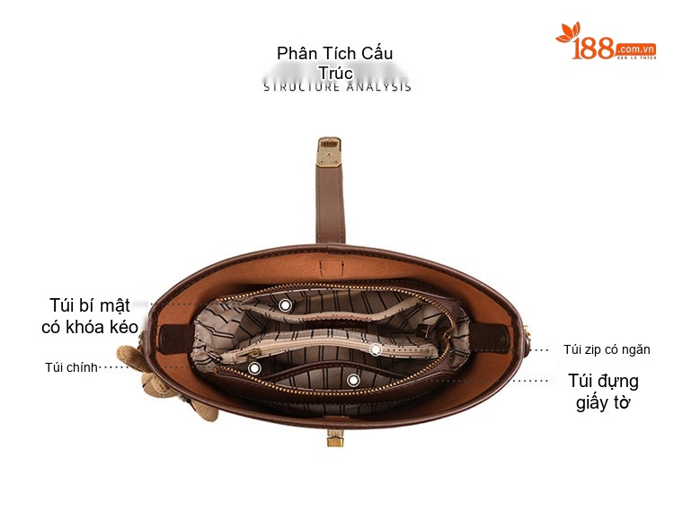 Túi Xách Nữ Da Bóng Dáng Bucket Đeo Vai Đeo Chéo Thời Trang Màu Nâu chi tiết 7