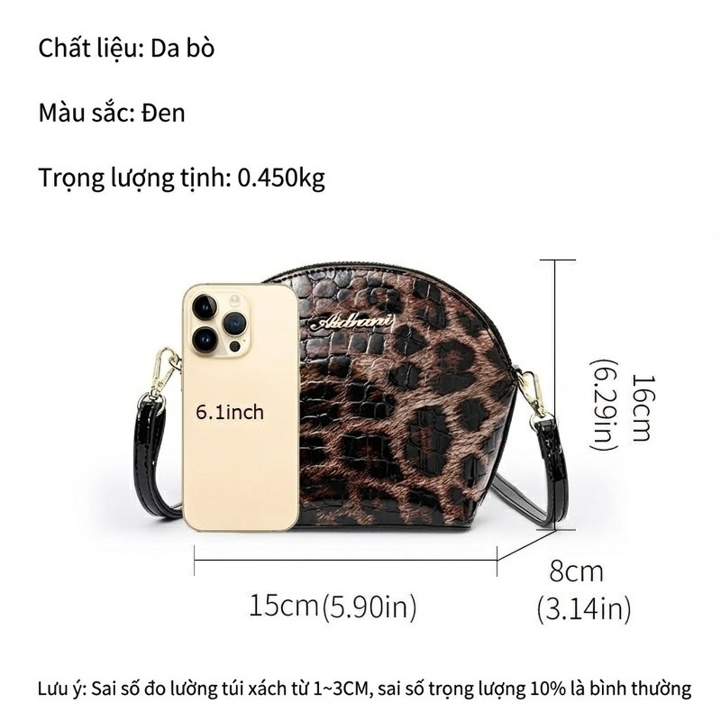 Túi Đeo Vai Nữ Da Bò Dáng Vỏ Sò Họa Tiết Da Báo Đựng Vừa A4 Màu Đen